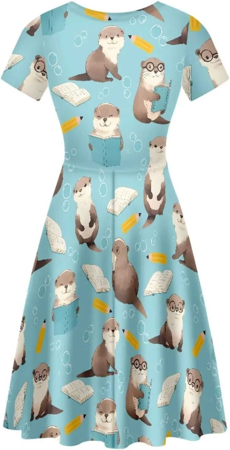 POLERO Women's Animal Dress Short Sleeve Cute Midi Dresses Casual Beach Vacation Sundress