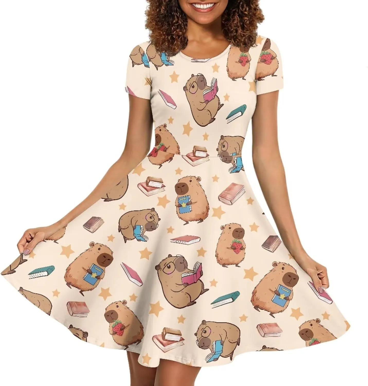 POLERO Women's Animal Dress Short Sleeve Cute Midi Dresses Casual Beach Vacation Sundress