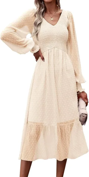 PRETTYGARDEN Women's Spring Dresses 2025 Long Sleeve V Neck Swiss Dot Empire Waist Chiffon Dress Ruffle Smocked Midi Dresses