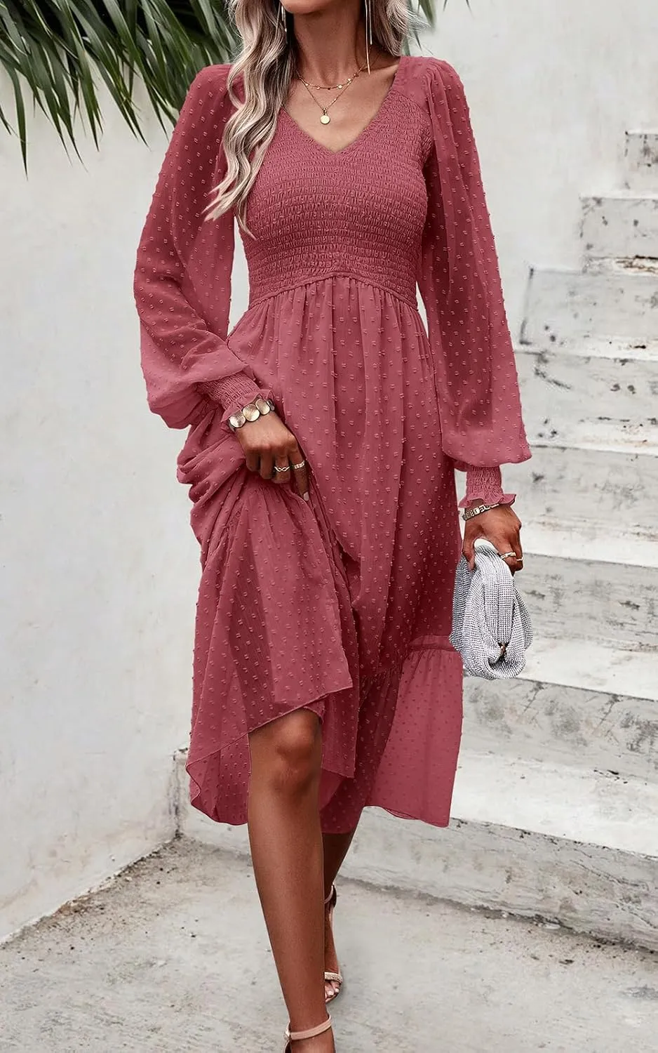 PRETTYGARDEN Women's Spring Dresses 2025 Long Sleeve V Neck Swiss Dot Empire Waist Chiffon Dress Ruffle Smocked Midi Dresses
