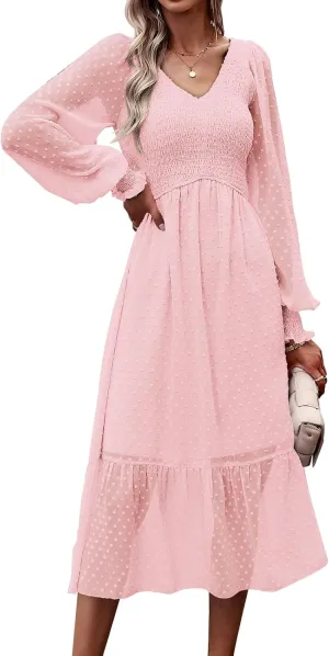 PRETTYGARDEN Women's Spring Dresses 2025 Long Sleeve V Neck Swiss Dot Empire Waist Chiffon Dress Ruffle Smocked Midi Dresses