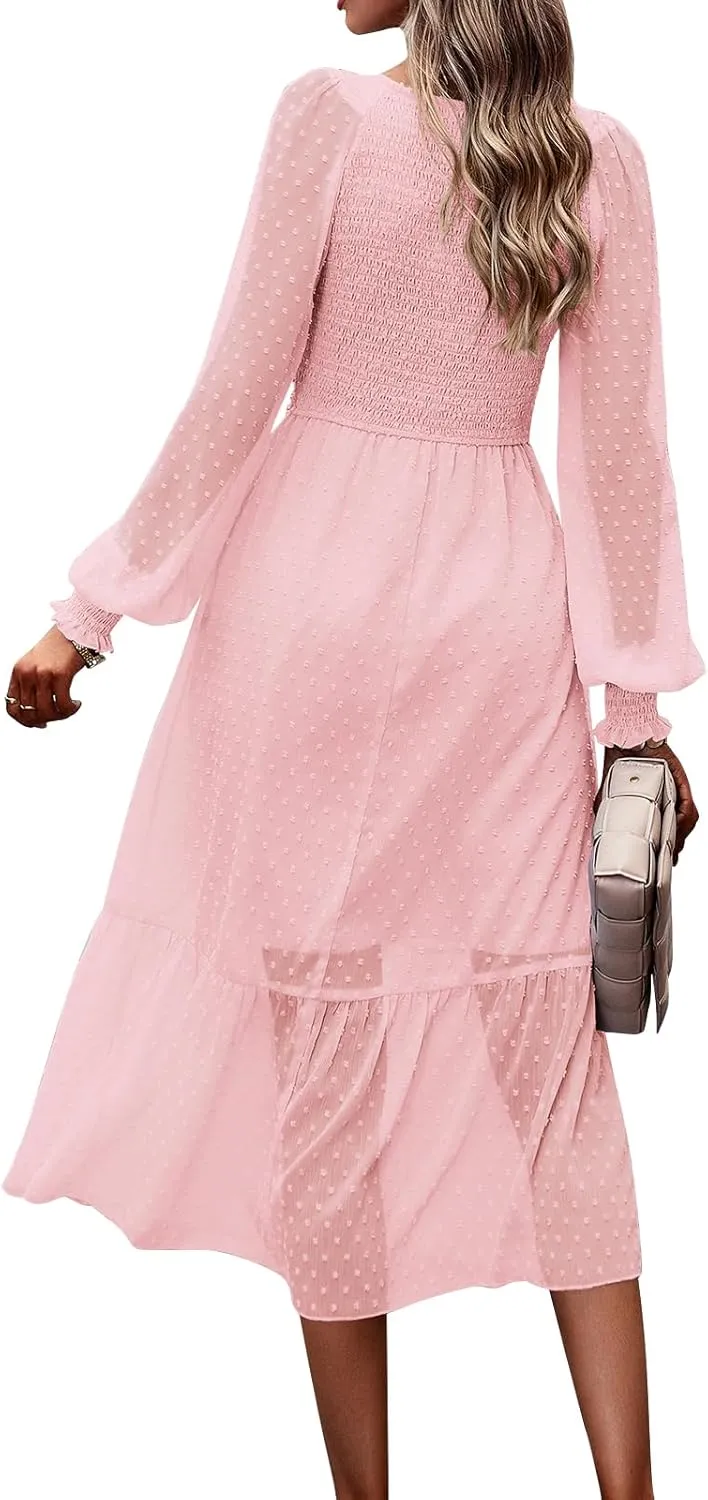 PRETTYGARDEN Women's Spring Dresses 2025 Long Sleeve V Neck Swiss Dot Empire Waist Chiffon Dress Ruffle Smocked Midi Dresses
