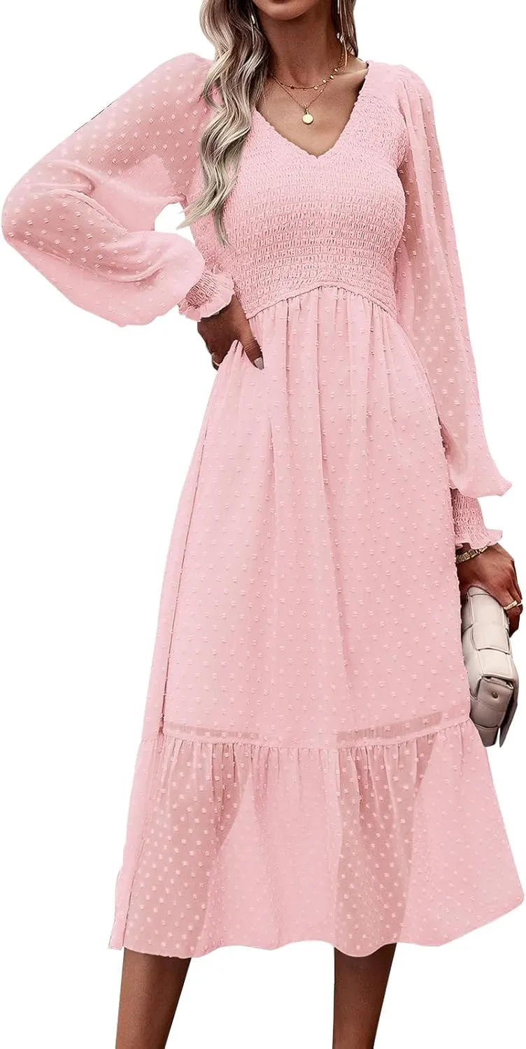 PRETTYGARDEN Women's Spring Dresses 2025 Long Sleeve V Neck Swiss Dot Empire Waist Chiffon Dress Ruffle Smocked Midi Dresses