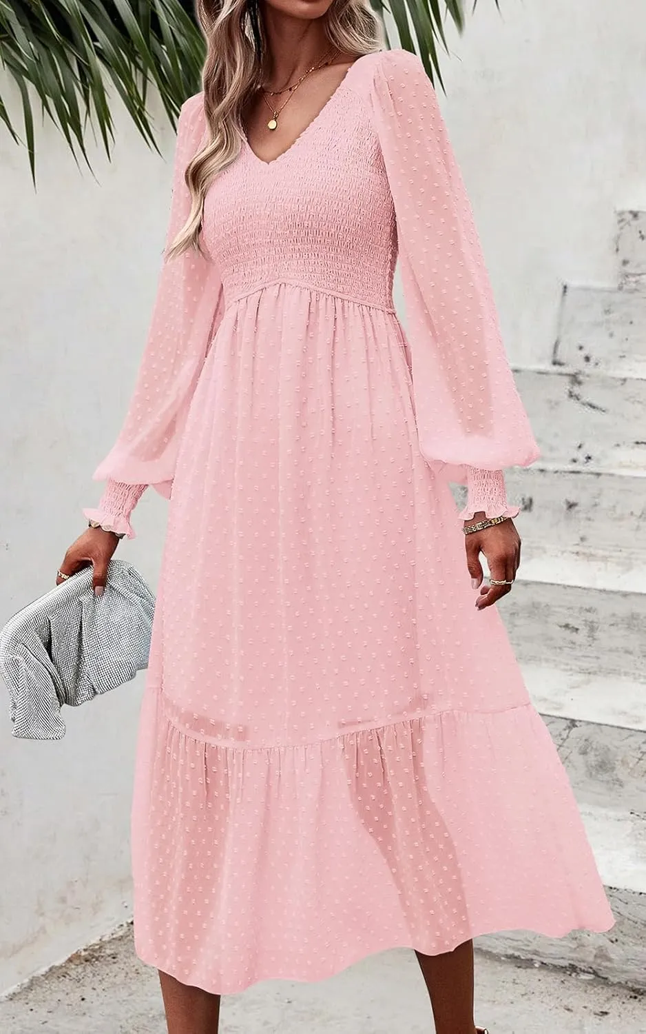 PRETTYGARDEN Women's Spring Dresses 2025 Long Sleeve V Neck Swiss Dot Empire Waist Chiffon Dress Ruffle Smocked Midi Dresses