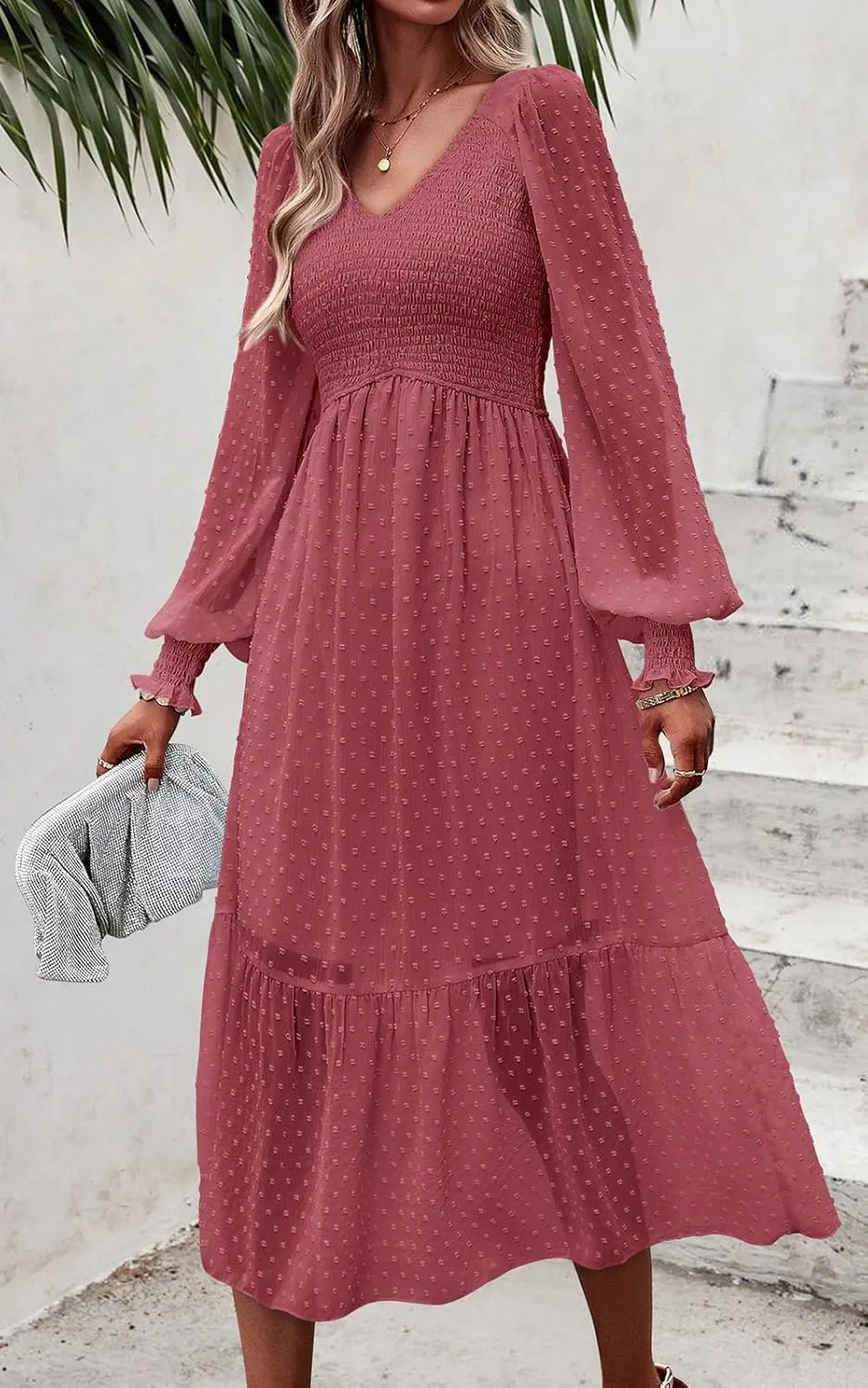 PRETTYGARDEN Women's Spring Dresses 2025 Long Sleeve V Neck Swiss Dot Empire Waist Chiffon Dress Ruffle Smocked Midi Dresses