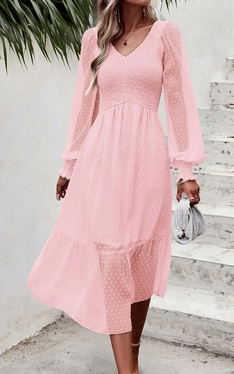 PRETTYGARDEN Women's Spring Dresses 2025 Long Sleeve V Neck Swiss Dot Empire Waist Chiffon Dress Ruffle Smocked Midi Dresses