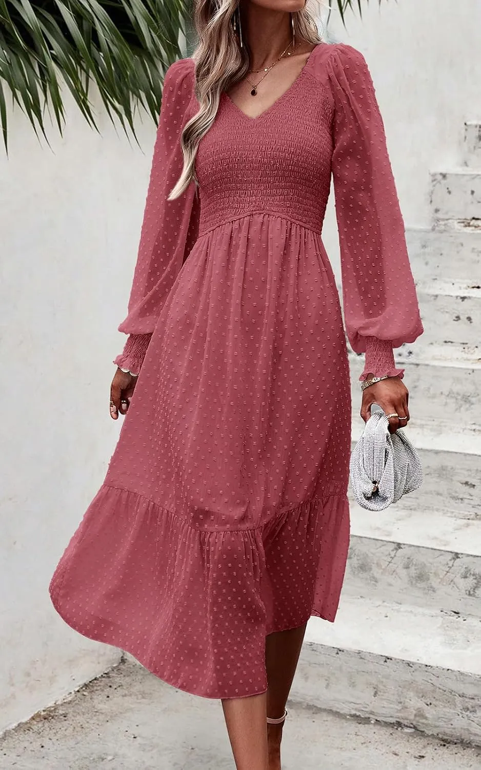 PRETTYGARDEN Women's Spring Dresses 2025 Long Sleeve V Neck Swiss Dot Empire Waist Chiffon Dress Ruffle Smocked Midi Dresses