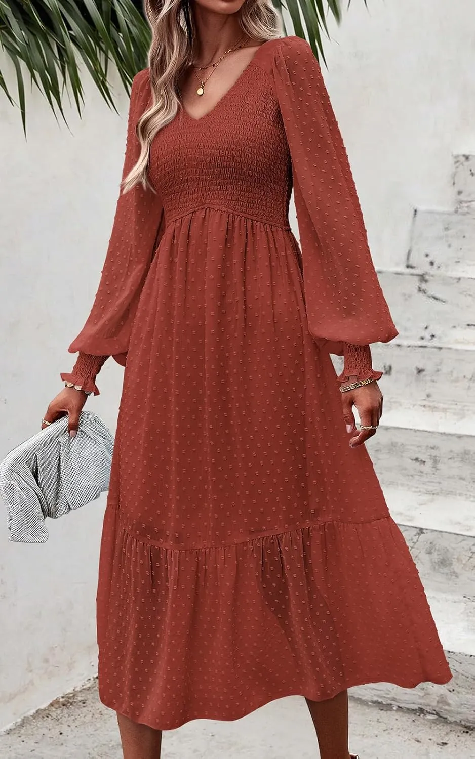 PRETTYGARDEN Women's Spring Dresses 2025 Long Sleeve V Neck Swiss Dot Empire Waist Chiffon Dress Ruffle Smocked Midi Dresses