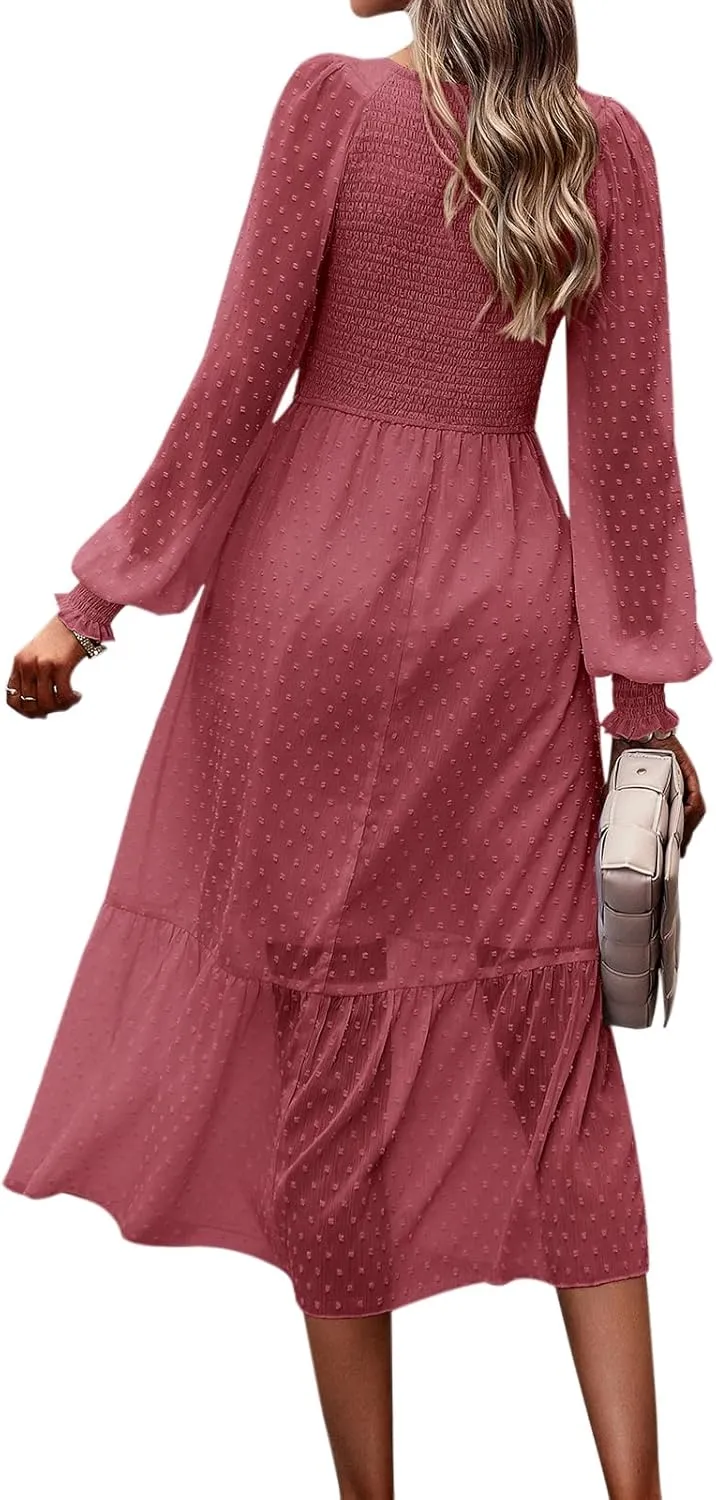 PRETTYGARDEN Women's Spring Dresses 2025 Long Sleeve V Neck Swiss Dot Empire Waist Chiffon Dress Ruffle Smocked Midi Dresses