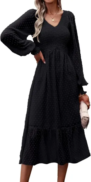 PRETTYGARDEN Women's Spring Dresses 2025 Long Sleeve V Neck Swiss Dot Empire Waist Chiffon Dress Ruffle Smocked Midi Dresses