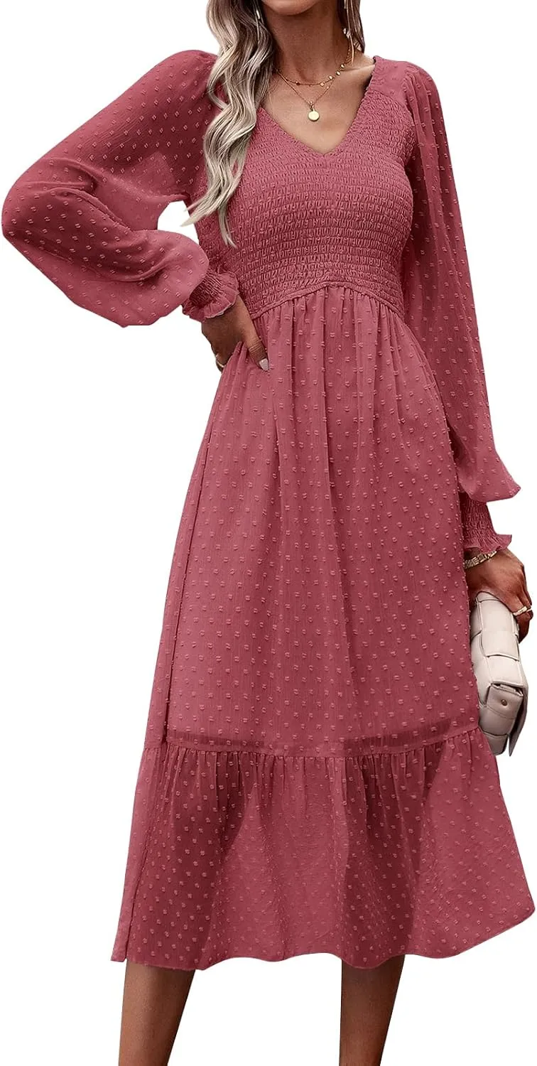 PRETTYGARDEN Women's Spring Dresses 2025 Long Sleeve V Neck Swiss Dot Empire Waist Chiffon Dress Ruffle Smocked Midi Dresses