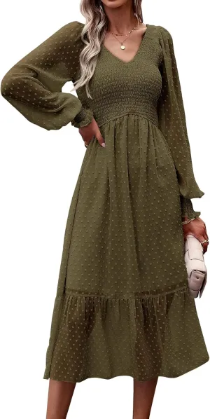 PRETTYGARDEN Women's Spring Dresses 2025 Long Sleeve V Neck Swiss Dot Empire Waist Chiffon Dress Ruffle Smocked Midi Dresses