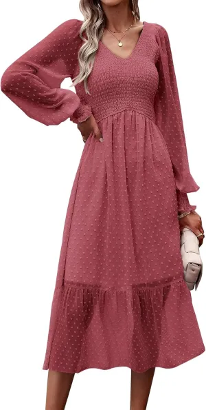 PRETTYGARDEN Women's Spring Dresses 2025 Long Sleeve V Neck Swiss Dot Empire Waist Chiffon Dress Ruffle Smocked Midi Dresses