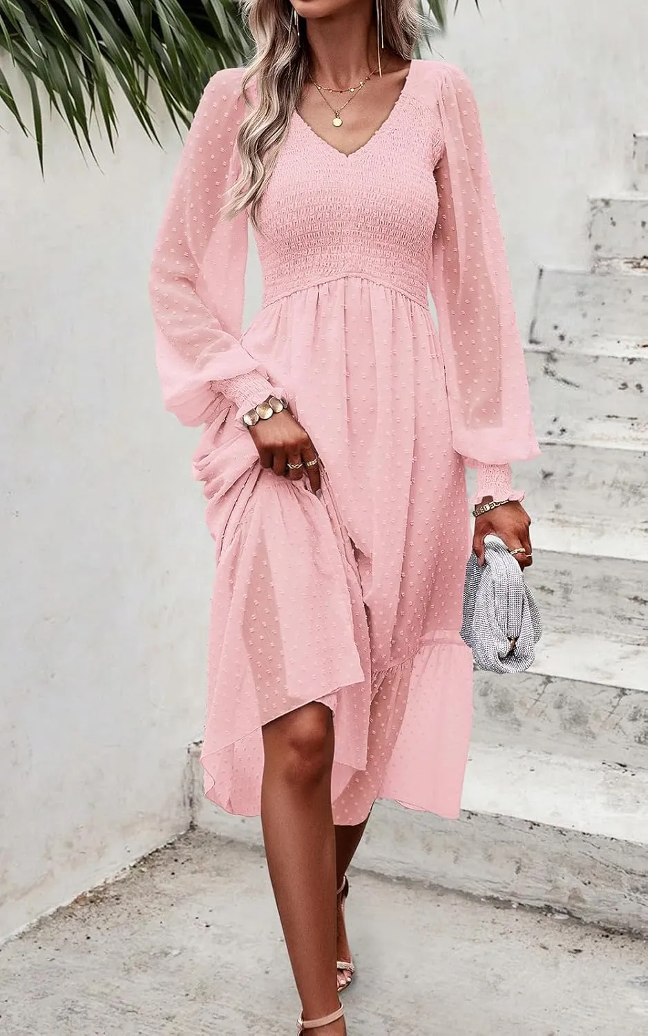 PRETTYGARDEN Women's Spring Dresses 2025 Long Sleeve V Neck Swiss Dot Empire Waist Chiffon Dress Ruffle Smocked Midi Dresses