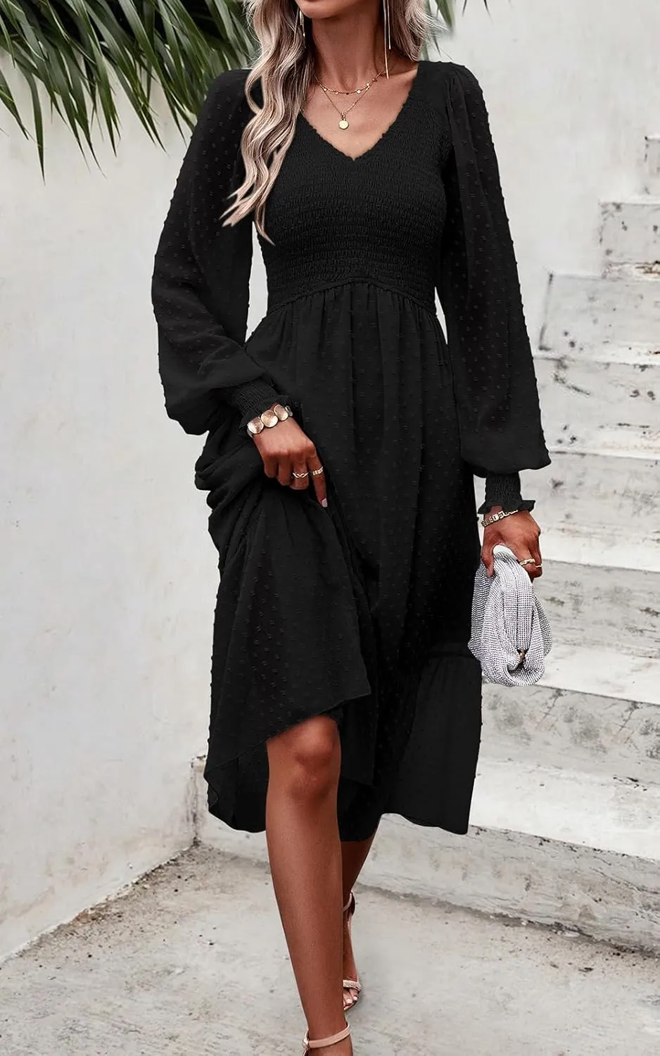 PRETTYGARDEN Women's Spring Dresses 2025 Long Sleeve V Neck Swiss Dot Empire Waist Chiffon Dress Ruffle Smocked Midi Dresses