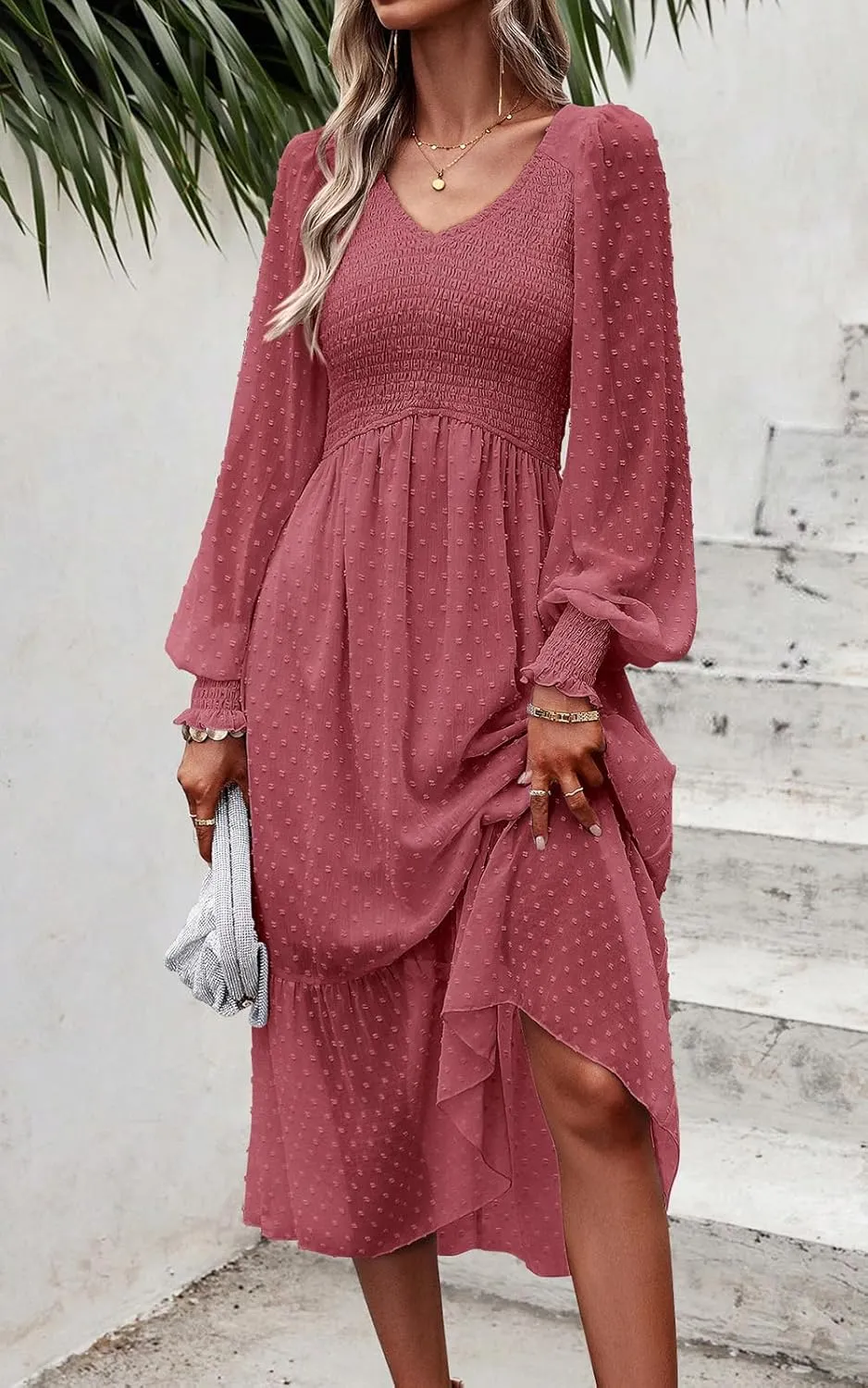 PRETTYGARDEN Women's Spring Dresses 2025 Long Sleeve V Neck Swiss Dot Empire Waist Chiffon Dress Ruffle Smocked Midi Dresses