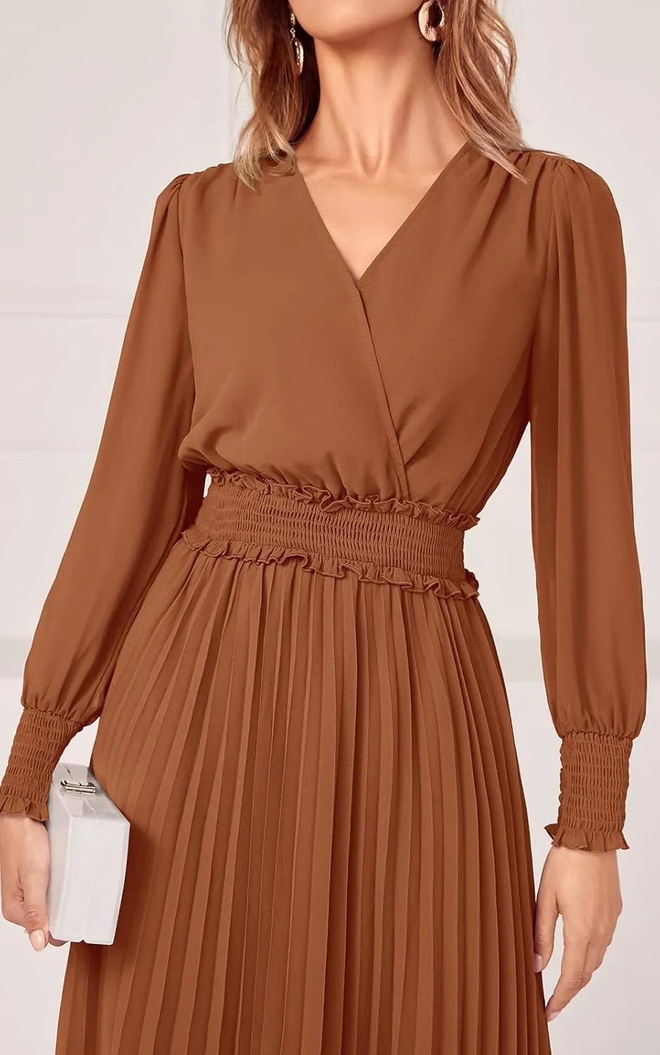 PRETTYGARDEN Womens Wrap V Neck Spring Dresses Wedding Guest Casual Pleated Long Sleeve Midi Dress Ruffle Smocked Long Dress