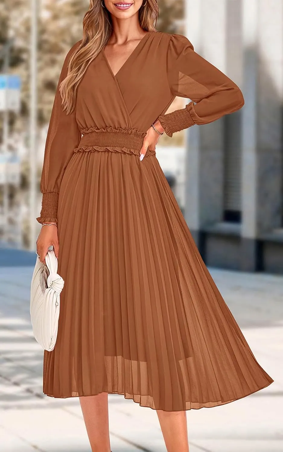 PRETTYGARDEN Womens Wrap V Neck Spring Dresses Wedding Guest Casual Pleated Long Sleeve Midi Dress Ruffle Smocked Long Dress