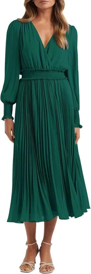 PRETTYGARDEN Womens Wrap V Neck Spring Dresses Wedding Guest Casual Pleated Long Sleeve Midi Dress Ruffle Smocked Long Dress