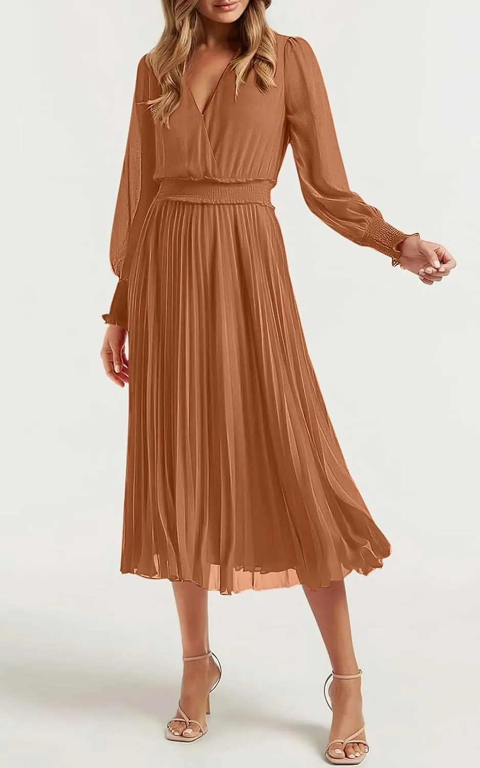 PRETTYGARDEN Womens Wrap V Neck Spring Dresses Wedding Guest Casual Pleated Long Sleeve Midi Dress Ruffle Smocked Long Dress