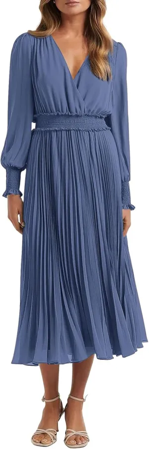 PRETTYGARDEN Womens Wrap V Neck Spring Dresses Wedding Guest Casual Pleated Long Sleeve Midi Dress Ruffle Smocked Long Dress