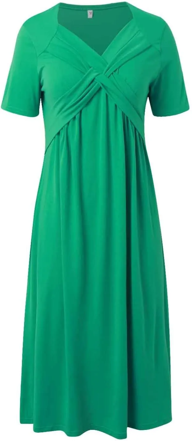 PTOLOCIF Women Fashion Solid Short Sleeve Casual Loose Long Dress with Pockets Womens Plus Size Casual Dresses for Summer