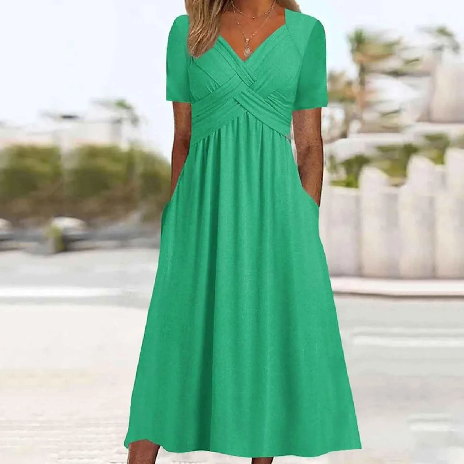 PTOLOCIF Women Fashion Solid Short Sleeve Casual Loose Long Dress with Pockets Womens Plus Size Casual Dresses for Summer