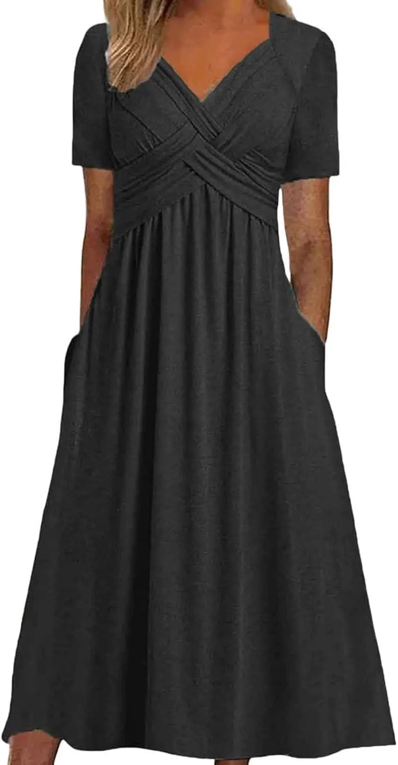 PTOLOCIF Women Fashion Solid Short Sleeve Casual Loose Long Dress with Pockets Womens Plus Size Casual Dresses for Summer
