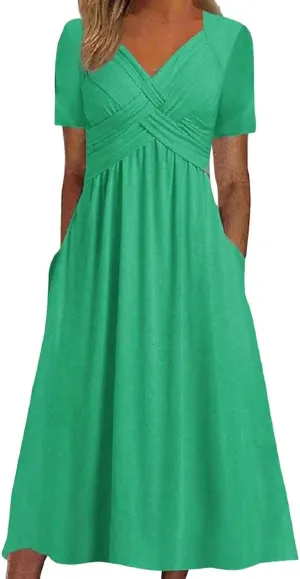 PTOLOCIF Women Fashion Solid Short Sleeve Casual Loose Long Dress with Pockets Womens Plus Size Casual Dresses for Summer