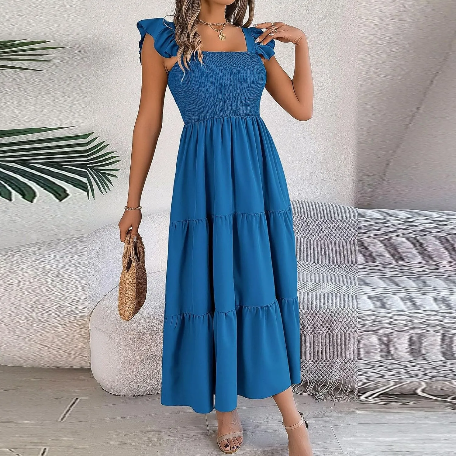 PTOLOCIF Women Summer Sleeveless Maxi Dress Square Neck Smocked Boho Dresses Trendy Ruffle Sleeve Flowy A-Line Beach Sundress