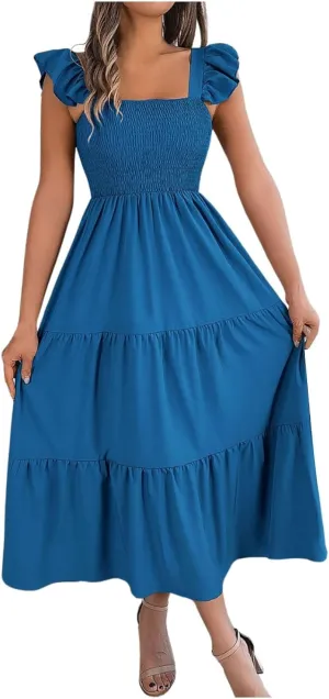 PTOLOCIF Women Summer Sleeveless Maxi Dress Square Neck Smocked Boho Dresses Trendy Ruffle Sleeve Flowy A-Line Beach Sundress