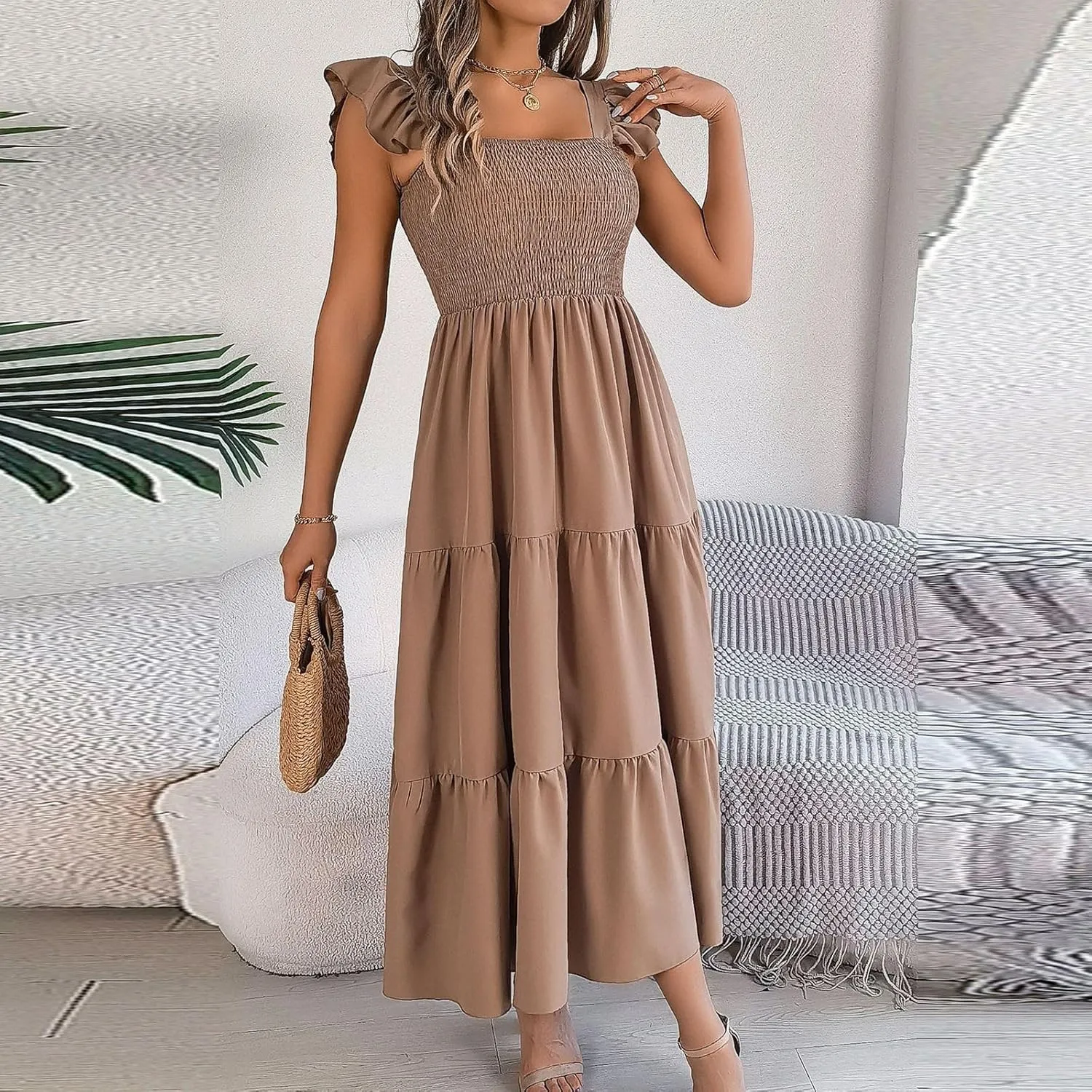 PTOLOCIF Women Summer Sleeveless Maxi Dress Square Neck Smocked Boho Dresses Trendy Ruffle Sleeve Flowy A-Line Beach Sundress