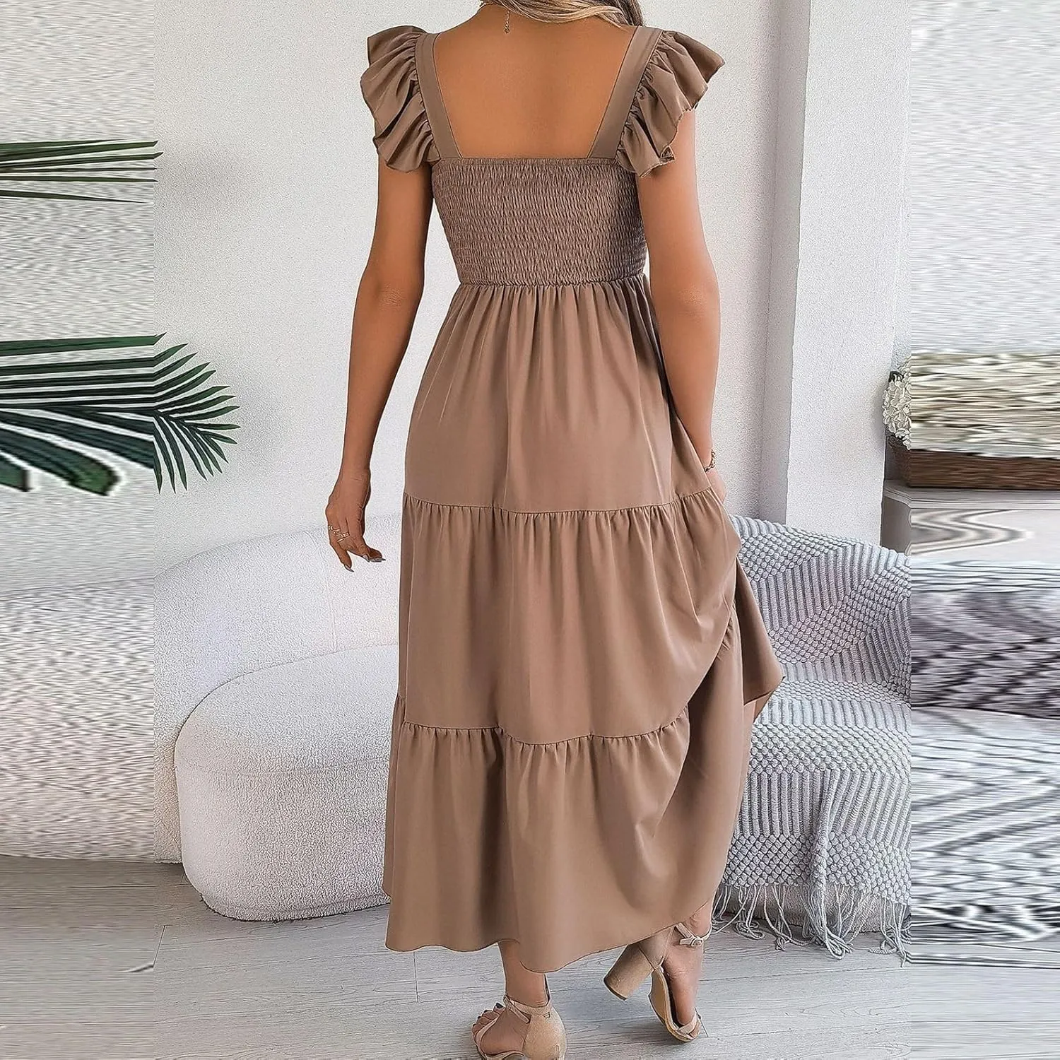PTOLOCIF Women Summer Sleeveless Maxi Dress Square Neck Smocked Boho Dresses Trendy Ruffle Sleeve Flowy A-Line Beach Sundress
