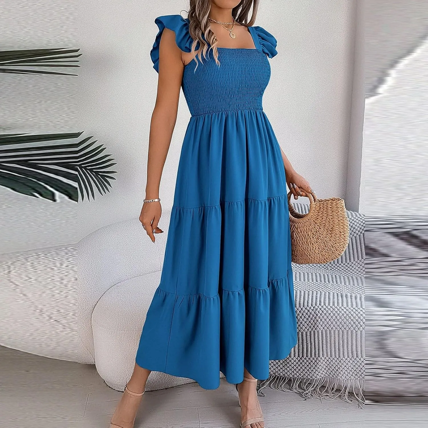 PTOLOCIF Women Summer Sleeveless Maxi Dress Square Neck Smocked Boho Dresses Trendy Ruffle Sleeve Flowy A-Line Beach Sundress
