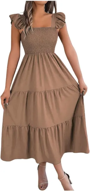 PTOLOCIF Women Summer Sleeveless Maxi Dress Square Neck Smocked Boho Dresses Trendy Ruffle Sleeve Flowy A-Line Beach Sundress
