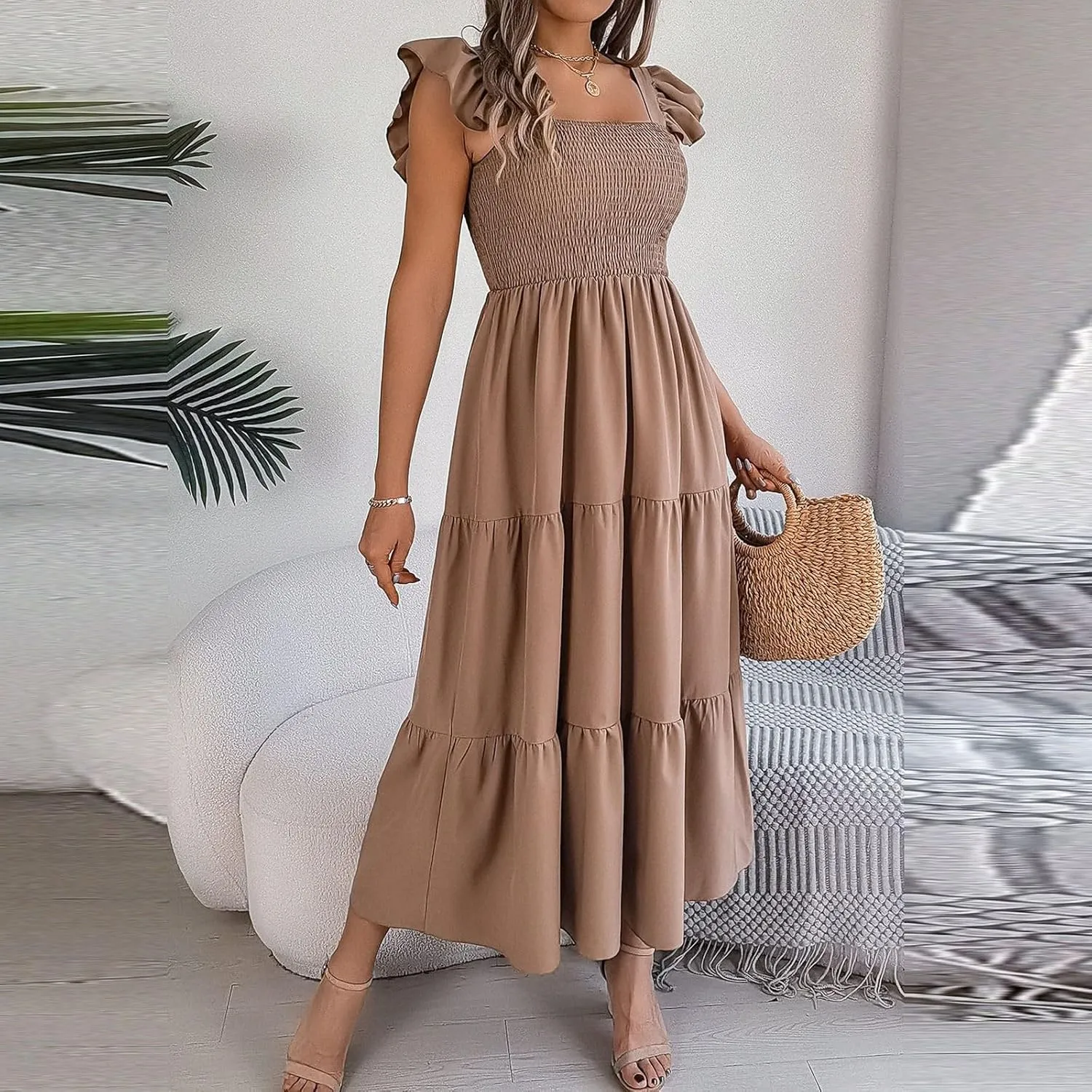 PTOLOCIF Women Summer Sleeveless Maxi Dress Square Neck Smocked Boho Dresses Trendy Ruffle Sleeve Flowy A-Line Beach Sundress