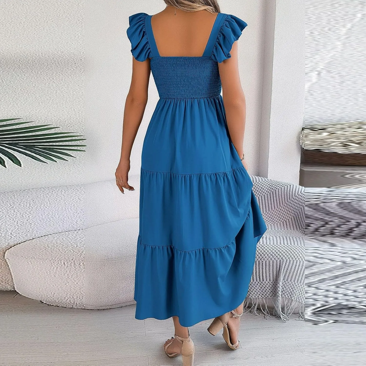 PTOLOCIF Women Summer Sleeveless Maxi Dress Square Neck Smocked Boho Dresses Trendy Ruffle Sleeve Flowy A-Line Beach Sundress