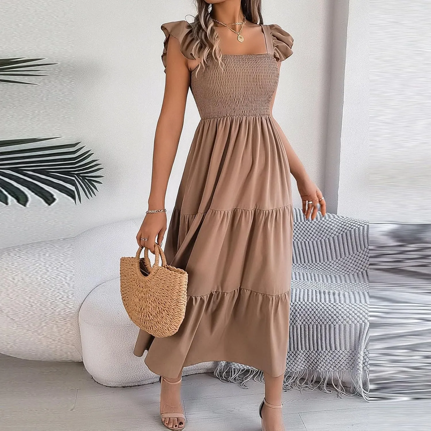 PTOLOCIF Women Summer Sleeveless Maxi Dress Square Neck Smocked Boho Dresses Trendy Ruffle Sleeve Flowy A-Line Beach Sundress