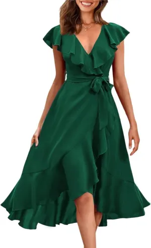 RETTYGARDEN Women's 2025 Summer Cross Midi Dress Casual Boho Deep V Neck Short Sleeve Ruffle Hem Split Beach Long Dresses