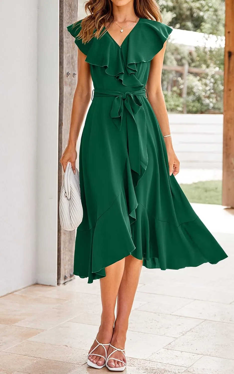 RETTYGARDEN Women's 2025 Summer Cross Midi Dress Casual Boho Deep V Neck Short Sleeve Ruffle Hem Split Beach Long Dresses