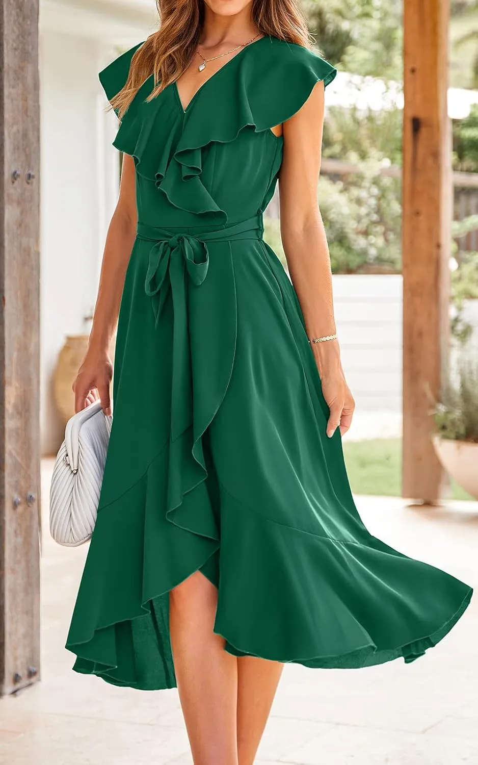 RETTYGARDEN Women's 2025 Summer Cross Midi Dress Casual Boho Deep V Neck Short Sleeve Ruffle Hem Split Beach Long Dresses