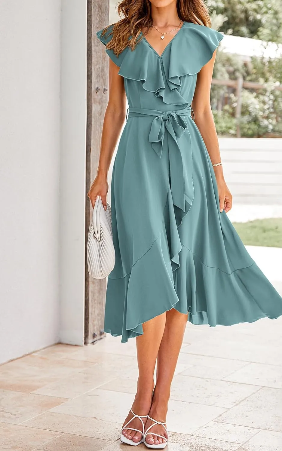 RETTYGARDEN Women's 2025 Summer Cross Midi Dress Casual Boho Deep V Neck Short Sleeve Ruffle Hem Split Beach Long Dresses