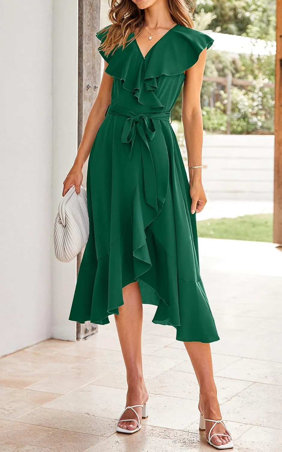 RETTYGARDEN Women's 2025 Summer Cross Midi Dress Casual Boho Deep V Neck Short Sleeve Ruffle Hem Split Beach Long Dresses