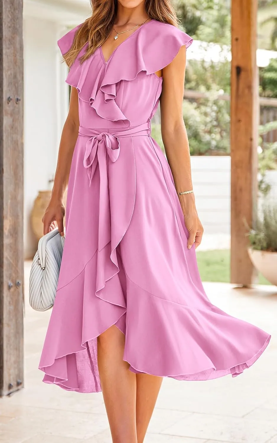 RETTYGARDEN Women's 2025 Summer Cross Midi Dress Casual Boho Deep V Neck Short Sleeve Ruffle Hem Split Beach Long Dresses