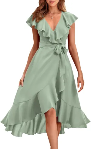 RETTYGARDEN Women's 2025 Summer Cross Midi Dress Casual Boho Deep V Neck Short Sleeve Ruffle Hem Split Beach Long Dresses