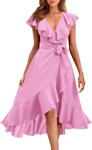 RETTYGARDEN Women's 2025 Summer Cross Midi Dress Casual Boho Deep V Neck Short Sleeve Ruffle Hem Split Beach Long Dresses