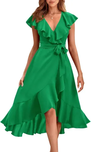 RETTYGARDEN Women's 2025 Summer Cross Midi Dress Casual Boho Deep V Neck Short Sleeve Ruffle Hem Split Beach Long Dresses