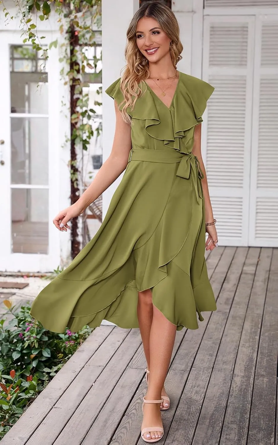 RETTYGARDEN Women's 2025 Summer Cross Midi Dress Casual Boho Deep V Neck Short Sleeve Ruffle Hem Split Beach Long Dresses