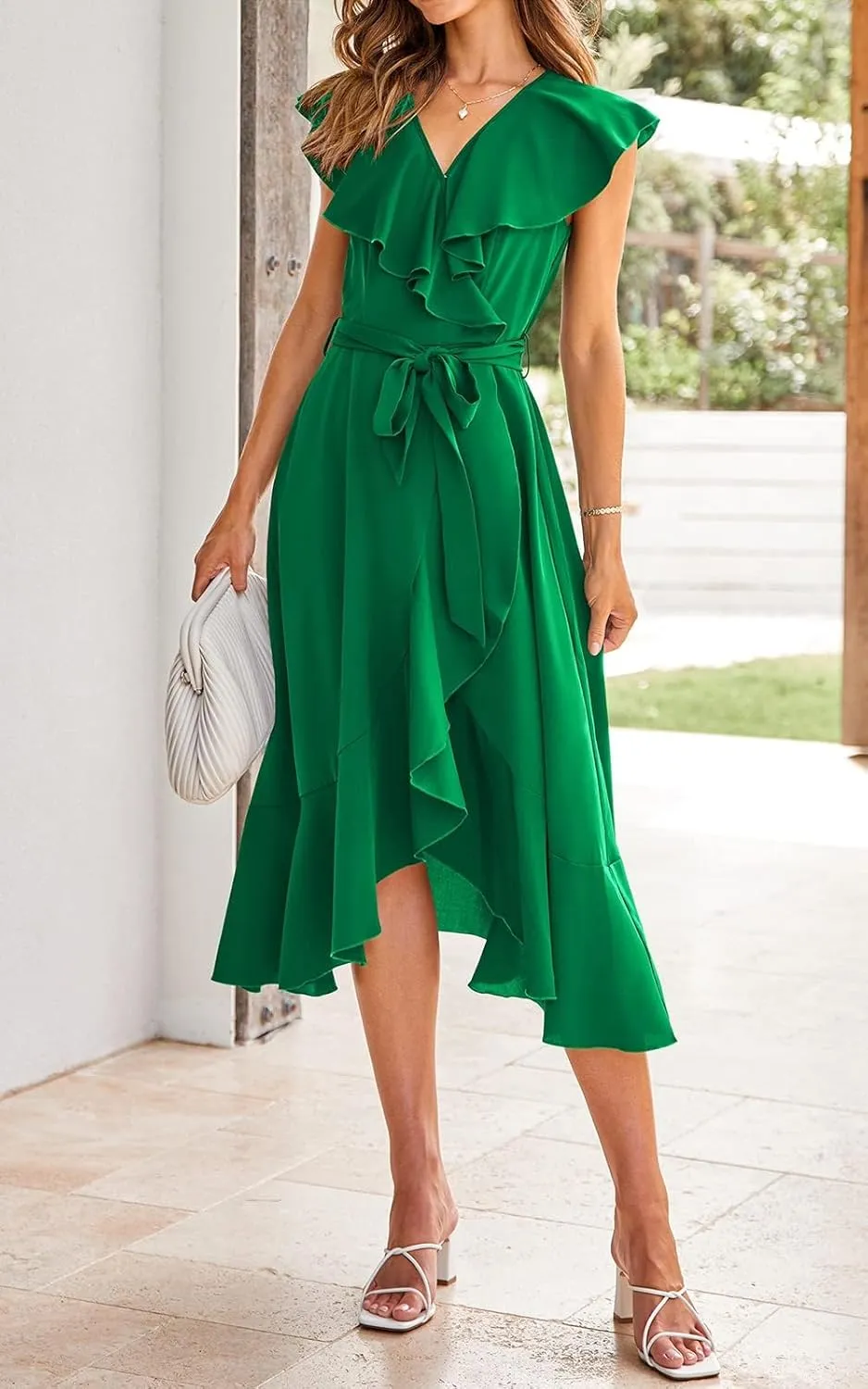 RETTYGARDEN Women's 2025 Summer Cross Midi Dress Casual Boho Deep V Neck Short Sleeve Ruffle Hem Split Beach Long Dresses