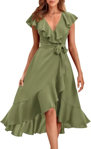 RETTYGARDEN Women's 2025 Summer Cross Midi Dress Casual Boho Deep V Neck Short Sleeve Ruffle Hem Split Beach Long Dresses